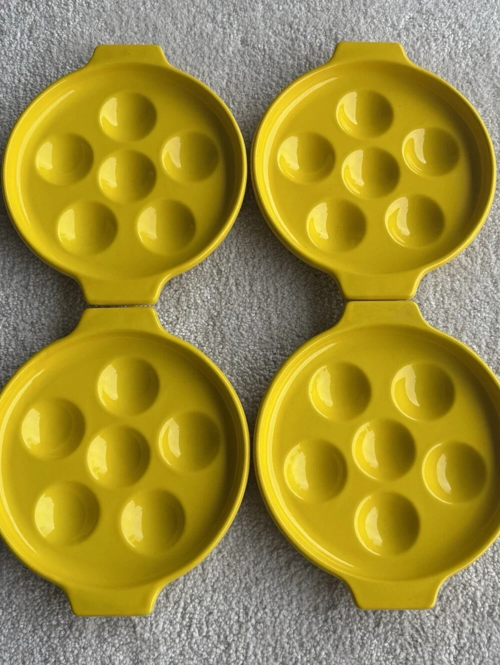 MCM Set Of 4 Yellow Enamel Escargot Trays With Set Of 4 Tongs